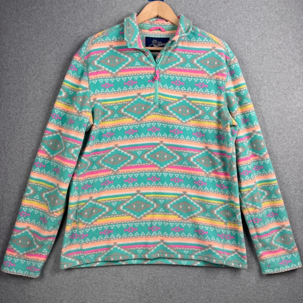 Chubbies Fleece Pullover Mens Medium Teal Aztec Geometric 1/4 Zip Southwestern